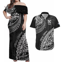 Fiji Rugby Couples Matching Off Shoulder Maxi Dress and Hawaiian Shirt Kaiviti Fijian Tribal World Cup Black LT9 - Wonder Print Shop