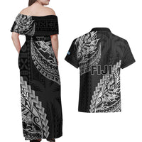 Fiji Rugby Couples Matching Off Shoulder Maxi Dress and Hawaiian Shirt Kaiviti Fijian Tribal World Cup Black LT9 - Wonder Print Shop