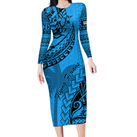 Fiji Rugby Long Sleeve Bodycon Dress Kaiviti Fijian Tribal World Cup Blue No1 - Wonder Print Shop