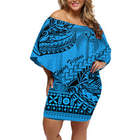 Fiji Rugby Off Shoulder Short Dress Kaiviti Fijian Tribal World Cup Blue No1 - Wonder Print Shop