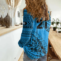 Custom Fiji Rugby Women Casual Shirt Kaiviti Fijian Tribal World Cup Blue No1 - Wonder Print Shop