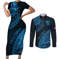 Fiji Rugby Couples Matching Short Sleeve Bodycon Dress and Long Sleeve Button Shirt Kaiviti Fijian Tribal World Cup Blue No2 LT9 - Wonder Print Shop