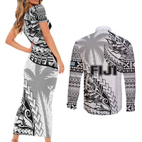 Fiji Rugby Couples Matching Short Sleeve Bodycon Dress and Long Sleeve Button Shirt Kaiviti Fijian Tribal World Cup White LT9 - Wonder Print Shop