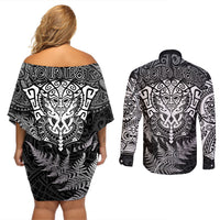 Personalised New Zealand Rugby Couples Matching Off Shoulder Short Dress and Long Sleeve Button Shirts Silver Fern All Black Mix Ta Moko White Style LT9 - Wonder Print Shop