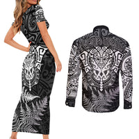 Personalised New Zealand Rugby Couples Matching Short Sleeve Bodycon Dress and Long Sleeve Button Shirts Silver Fern All Black Mix Ta Moko White Style LT9 - Wonder Print Shop