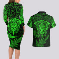 New Zealand Rugby Couples Matching Long Sleeve Bodycon Dress and Hawaiian Shirt Silver Fern All Black Mix Ta Moko Green Style LT9 - Wonder Print Shop