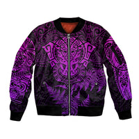 Personalised New Zealand Rugby Sleeve Zip Bomber Jacket Silver Fern All Black Mix Ta Moko Purple Style - Wonder Print Shop