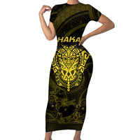 Personalised New Zealand Rugby Short Sleeve Bodycon Dress Aotearoa Ka Mate Haka All Black Mix Ta Moko Gold Style - Wonder Print Shop