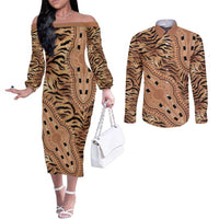 Africa Tiger Mix Dashiki Tribal Pattern Couples Matching Off The Shoulder Long Sleeve Dress and Long Sleeve Button Shirt