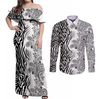 Africa Zebra Mix Paisley Tribal Pattern Couples Matching Off Shoulder Maxi Dress and Long Sleeve Button Shirt LT9 - Wonder Print Shop