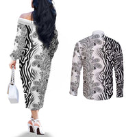 Africa Zebra Mix Paisley Tribal Pattern Couples Matching Off The Shoulder Long Sleeve Dress and Long Sleeve Button Shirt