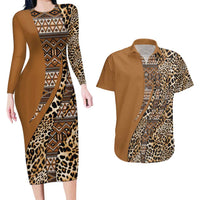 Africa Leopard Mix Native Tribal Pattern Couples Matching Long Sleeve Bodycon Dress and Hawaiian Shirt LT9 - Wonder Print Shop