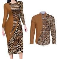 Africa Leopard Mix Native Tribal Pattern Couples Matching Long Sleeve Bodycon Dress and Long Sleeve Button Shirt LT9 - Wonder Print Shop