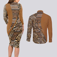 Africa Leopard Mix Native Tribal Pattern Couples Matching Long Sleeve Bodycon Dress and Long Sleeve Button Shirt LT9 - Wonder Print Shop