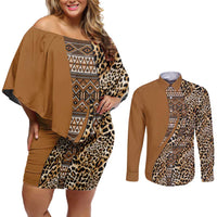 Africa Leopard Mix Native Tribal Pattern Couples Matching Off Shoulder Short Dress and Long Sleeve Button Shirt LT9 - Wonder Print Shop