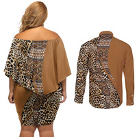 Africa Leopard Mix Native Tribal Pattern Couples Matching Off Shoulder Short Dress and Long Sleeve Button Shirt LT9 - Wonder Print Shop