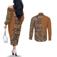 Africa Leopard Mix Native Tribal Pattern Couples Matching Off The Shoulder Long Sleeve Dress and Long Sleeve Button Shirt