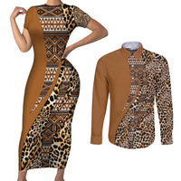 Africa Leopard Mix Native Tribal Pattern Couples Matching Short Sleeve Bodycon Dress and Long Sleeve Button Shirt LT9 - Wonder Print Shop