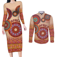 Africa Tribal Traditional Pattern Couples Matching Long Sleeve Bodycon Dress and Long Sleeve Button Shirt Beige Motif LT9 - Wonder Print Shop
