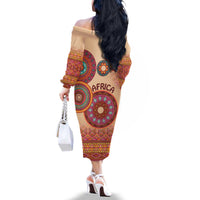 Africa Tribal Traditional Pattern Family Matching Off The Shoulder Long Sleeve Dress and Hawaiian Shirt Beige Motif - Wonder Print Shop