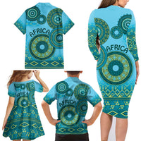 Africa Tribal Traditional Pattern Family Matching Long Sleeve Bodycon Dress and Hawaiian Shirt Blue Motif LT9 - Wonder Print Shop