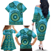 Africa Tribal Traditional Pattern Family Matching Off The Shoulder Long Sleeve Dress and Hawaiian Shirt Blue Motif - Wonder Print Shop