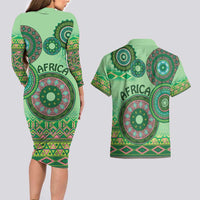 Africa Tribal Traditional Pattern Couples Matching Long Sleeve Bodycon Dress and Hawaiian Shirt Green Motif LT9 - Wonder Print Shop