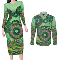 Africa Tribal Traditional Pattern Couples Matching Long Sleeve Bodycon Dress and Long Sleeve Button Shirt Green Motif LT9 - Wonder Print Shop