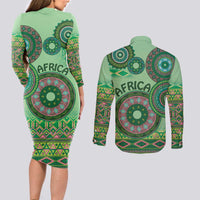 Africa Tribal Traditional Pattern Couples Matching Long Sleeve Bodycon Dress and Long Sleeve Button Shirt Green Motif LT9 - Wonder Print Shop