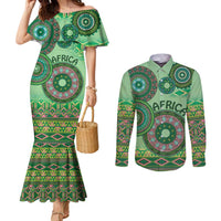 Africa Tribal Traditional Pattern Couples Matching Mermaid Dress and Long Sleeve Button Shirt Green Motif