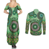 Africa Tribal Traditional Pattern Couples Matching Summer Maxi Dress and Long Sleeve Button Shirt Green Motif LT9 - Wonder Print Shop