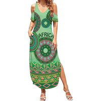 Africa Tribal Traditional Pattern Family Matching Summer Maxi Dress and Hawaiian Shirt Green Motif - Wonder Print Shop