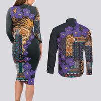 Africa Violets Flowers Couples Matching Long Sleeve Bodycon Dress and Long Sleeve Button Shirt Mix Native Tribal Pattern LT9 - Wonder Print Shop