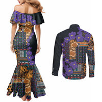 Africa Violets Flowers Couples Matching Mermaid Dress and Long Sleeve Button Shirt Mix Native Tribal Pattern