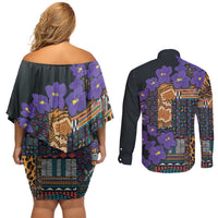 Africa Violets Flowers Couples Matching Off Shoulder Short Dress and Long Sleeve Button Shirt Mix Native Tribal Pattern LT9 - Wonder Print Shop