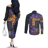 Africa Violets Flowers Couples Matching Off The Shoulder Long Sleeve Dress and Long Sleeve Button Shirt Mix Native Tribal Pattern