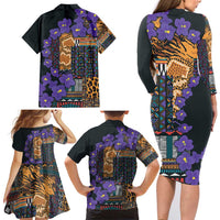 Africa Violets Flowers Family Matching Long Sleeve Bodycon Dress and Hawaiian Shirt Mix Native Tribal Pattern LT9 - Wonder Print Shop