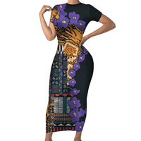 Africa Violets Flowers Short Sleeve Bodycon Dress Mix Native Tribal Pattern - Wonder Print Shop