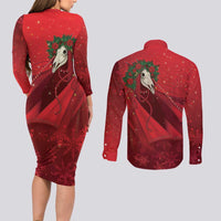 Merry Creepmas Mari Lwyd Couples Matching Long Sleeve Bodycon Dress and Long Sleeve Button Shirt Folklore Ghost Horse Christmas - Wonder Print Shop