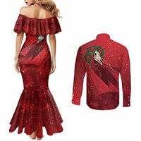Merry Creepmas Mari Lwyd Couples Matching Mermaid Dress and Long Sleeve Button Shirt Folklore Ghost Horse Christmas - Wonder Print Shop