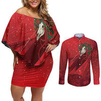 Merry Creepmas Mari Lwyd Couples Matching Off Shoulder Short Dress and Long Sleeve Button Shirt Folklore Ghost Horse Christmas - Wonder Print Shop