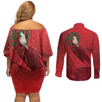 Merry Creepmas Mari Lwyd Couples Matching Off Shoulder Short Dress and Long Sleeve Button Shirt Folklore Ghost Horse Christmas - Wonder Print Shop