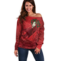 Merry Creepmas Mari Lwyd Off Shoulder Sweater Folklore Ghost Horse Christmas - Wonder Print Shop