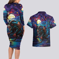 Stained Glass Krampus Couples Matching Long Sleeve Bodycon Dress and Hawaiian Shirt Gothic Christmas Myth - Wonder Print Shop