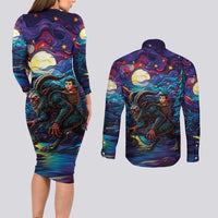 Stained Glass Krampus Couples Matching Long Sleeve Bodycon Dress and Long Sleeve Button Shirt Gothic Christmas Myth - Wonder Print Shop