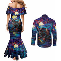 Stained Glass Krampus Couples Matching Mermaid Dress and Long Sleeve Button Shirt Gothic Christmas Myth - Wonder Print Shop