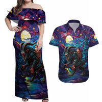 Stained Glass Krampus Couples Matching Off Shoulder Maxi Dress and Hawaiian Shirt Gothic Christmas Myth - Wonder Print Shop