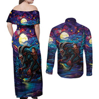 Stained Glass Krampus Couples Matching Off Shoulder Maxi Dress and Long Sleeve Button Shirt Gothic Christmas Myth - Wonder Print Shop