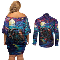 Stained Glass Krampus Couples Matching Off Shoulder Short Dress and Long Sleeve Button Shirt Gothic Christmas Myth - Wonder Print Shop