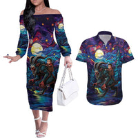 Stained Glass Krampus Couples Matching Off The Shoulder Long Sleeve Dress and Hawaiian Shirt Gothic Christmas Myth - Wonder Print Shop